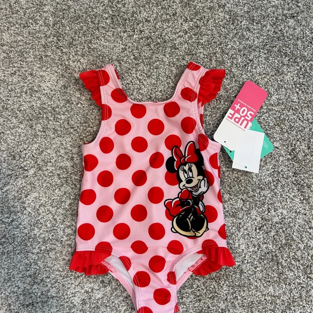 Disney Baby Minnie Mouse Swimsuit Kids 9M Pink Red Polka Dot Ruffle‎ Snap Bottom